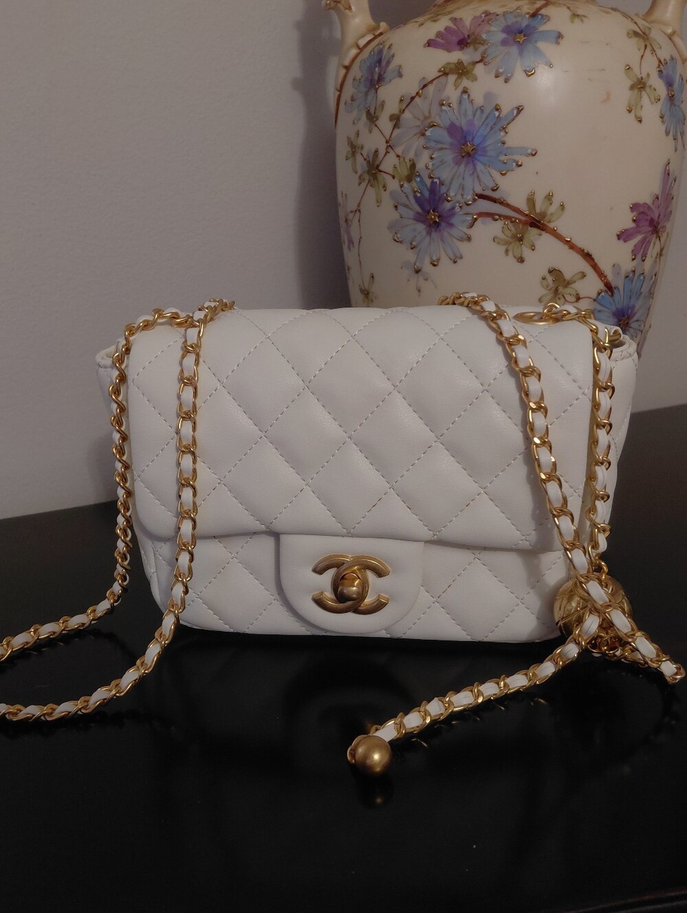 Designer Inspired White Quilted Mini Crossbody with Gold Chain